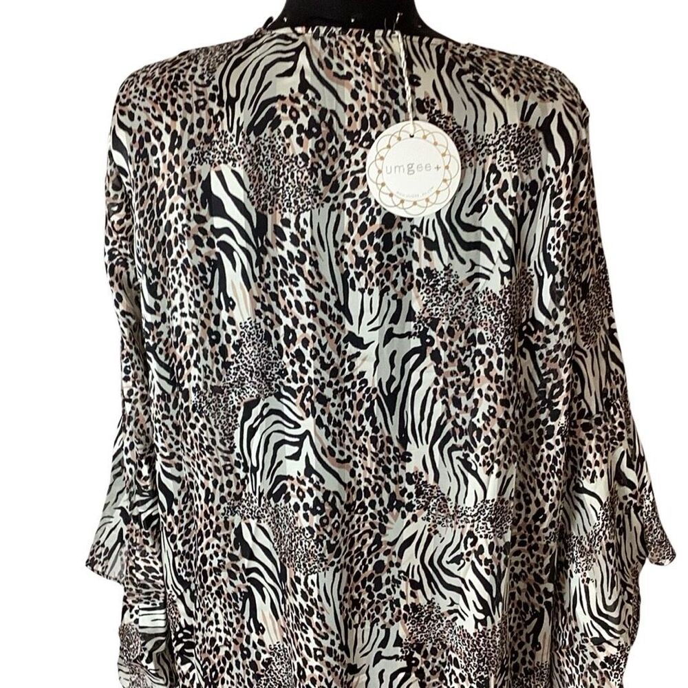 NWT Umgee+ XL Animal Print Long Duster Kimono Open Front Ruffle Sleeve Side Slit - Picture 7 of 10